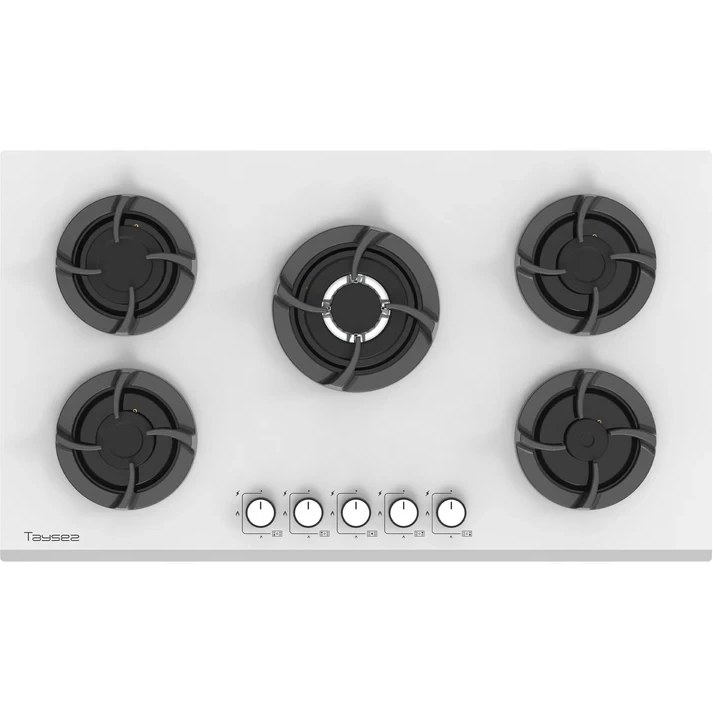 اجاق گاز صفحه‌ای تایسز 5 شعله مدل HG-1909 با صفحه شیشه‌ای و پلوپز وسط سفید